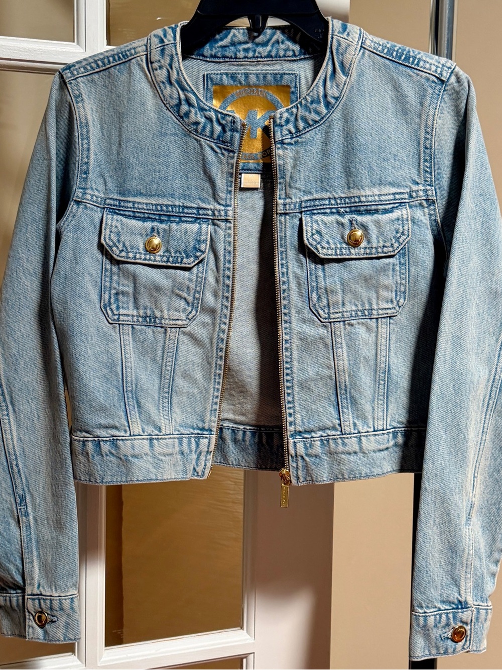 Michael Kors Light Stone Wash Denim Jacket with Gold-Tone Tag